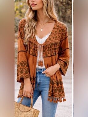 Indigo Thread Co ✨bBoho Embroidered Tassel Kimono Floral Open Front Cardigan L